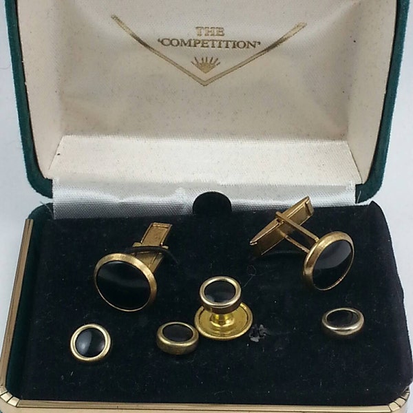 Black cufflinks 4 shirt studs, Cufflink Stud Set, Mens Cufflinks, Vintage Cufflinks, Black Cufflink Set, Tuxedo Cufflink Set, NOS Cufflink