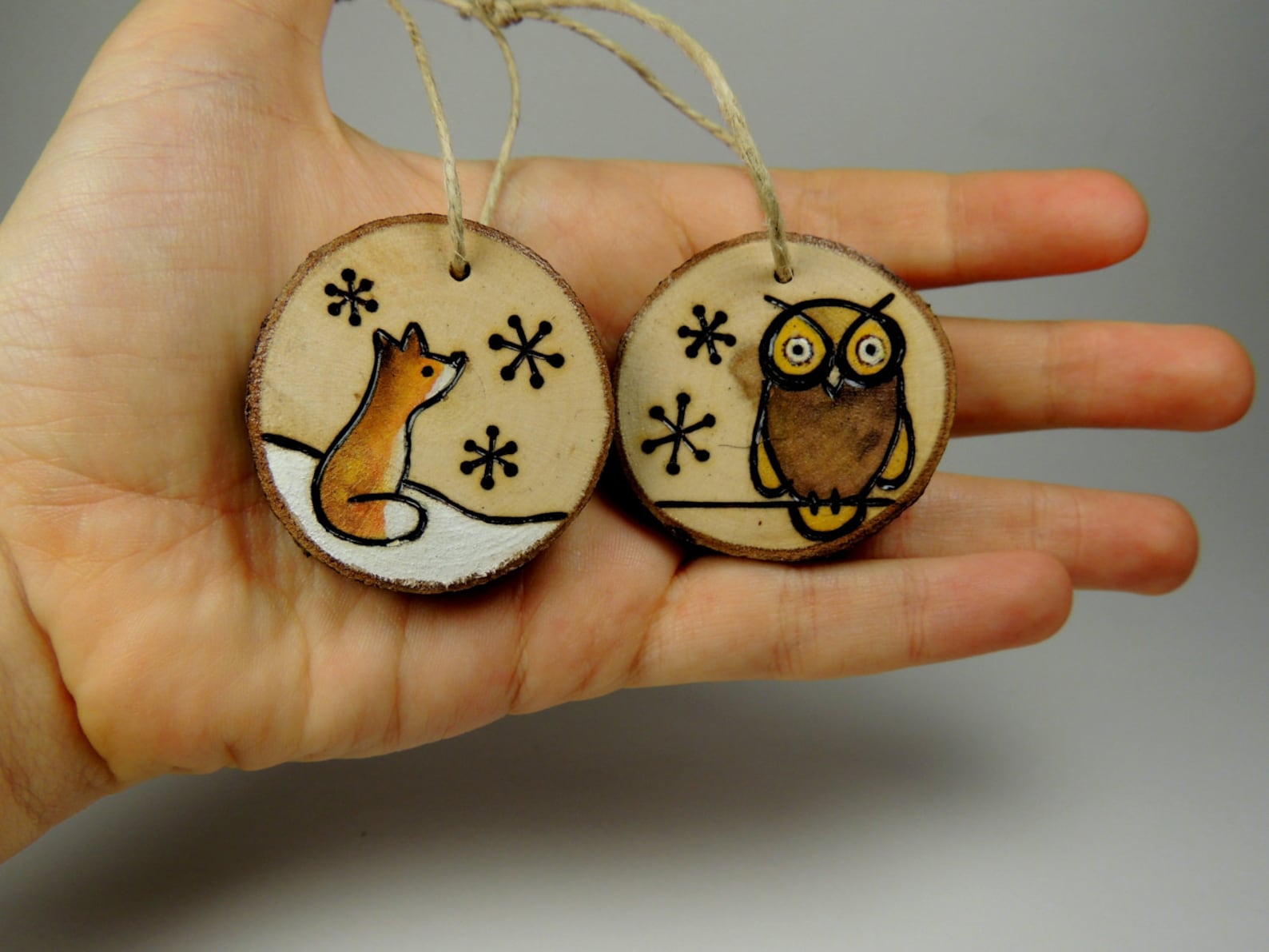 Woodland animal ornament set Small wood burned tree slices Etsy