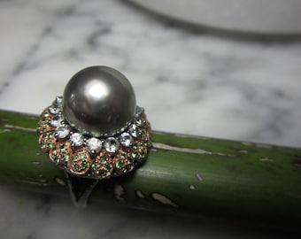 Earring necklace solitaire Tahiti pearl zircon diamond