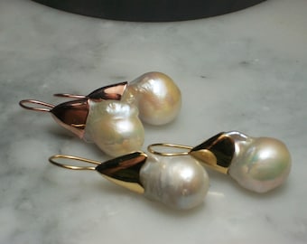 Earrings Keshi Pearl South Sea Baroque Biwa Gold