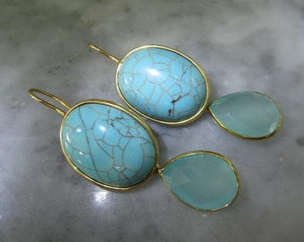 Turquoise de boucles d’oreilles gouttes lustre bague calcédoine