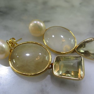 TOM K Earrings Mix &Match Studs Pearl Hooks Rose  Rutil Moonstone Lemonquartz Agate Smoky Ballroom Bride Briolett Drops Beads Gold Citrin