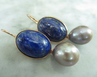 Earrings Lapislazuli Lila stud earrings Pearl Biwa