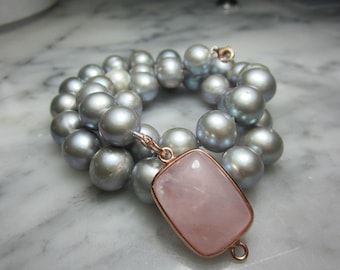 Perles bi de Tahiti Rose Quartz bracelet chaîne gris...