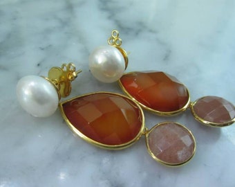 Pearl stud moonstone gold carneol XL Tahiti