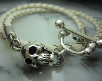 Chrome Skull Biker Leather Bracet Brans Lily