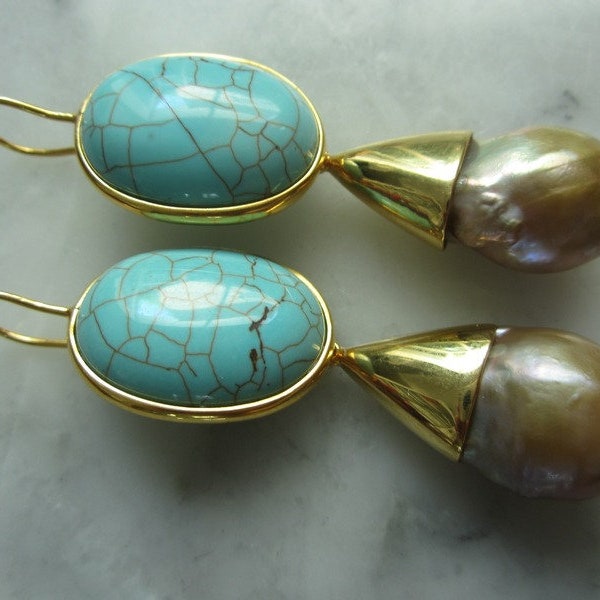 Earrings Vintage Tuerkis Pearl Suedsee Chandelier