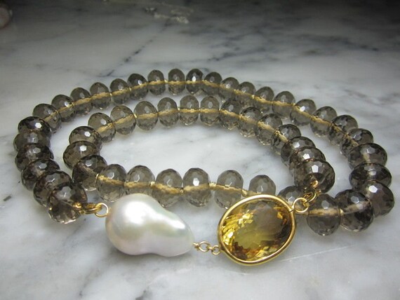 Sterling Silver And 14K Yellow Gold Smoky Quartz Pear And Citrine Necklace Sterling Silver And 14K Yellow Gold Smoky Quartz Pear And Citrine Necklace