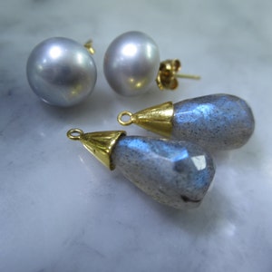 TOM K Earrings Mix &Match Studs Pearl Labradorith Opal Moonstone Lemon quartz Agate Smoky Ballroom Bride Briolett Drops Beads Gold Citrin