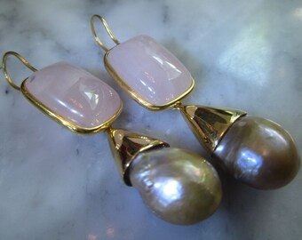 Earrings Rose Quartz Pearl Suedsee Gold Chandelier