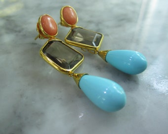 Earrings earrings coral smoke quartz Tuerkis TOP