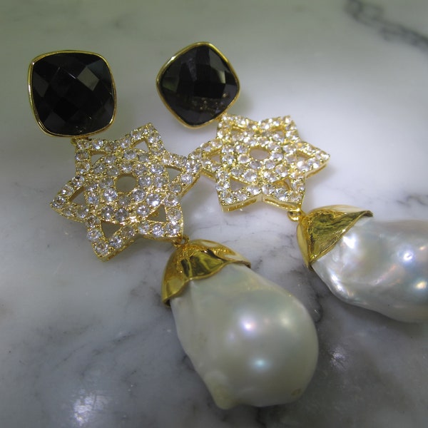 Earrings Onyx Pearls Star Ohrhaenger Pave