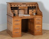Antique English Edwardian 4ft 2 Oak Roll Top Pedestal Office Writing Desk (Circa 1910)