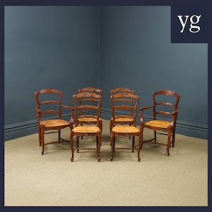 Antique French Set of 6 Six Louis XV Style Oak Ladder Back Rush Seat Kitchen Dining Chairs (Circa 1920)