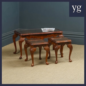 Antique English Queen Anne Style Nest of Three Carved Burr Walnut & Glass Coffee Tables (Circa 1920)
