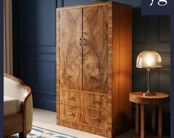 Small Antique English Art Deco Walnut Two Door Tallboy Compactum Armoire (Circa 1930)