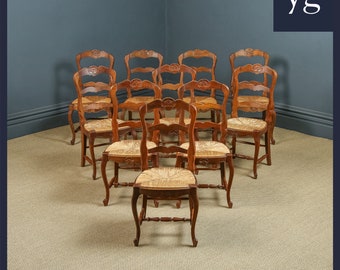 Antique French Set of 12 Twelve Louis XV Style Oak Ladder Back Rush Seat Kitchen Dining Chairs (Circa 1920)