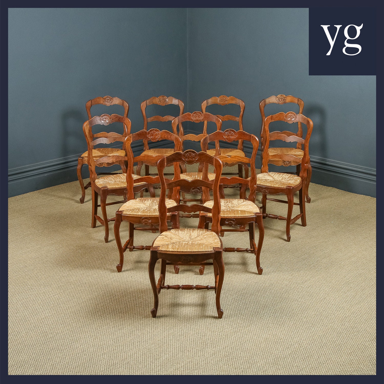 Antique French Set of 12 Twelve Louis XV Style Oak Ladder Back