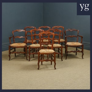 Antique French Set of 8 Eight Louis XV Style Oak Ladder Back Rush Seat Kitchen Dining Chairs (Circa 1920)