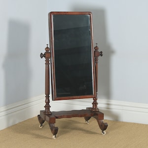 Antique English Victorian Flame Mahogany Floor Standing Rectangular Cheval / Dressing Mirror (Circa 1860)
