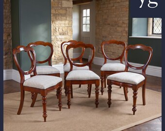 Antique English Victorian Set of Six 6 Mahogany Balloon Back Dining Office Occasional Salon Chairs (Circa 1860)