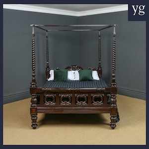 Antique 5ft 10” Victorian William IV Design Anglo-Indian Colonial Raj King Size Four Poster Bed (Circa 1870)