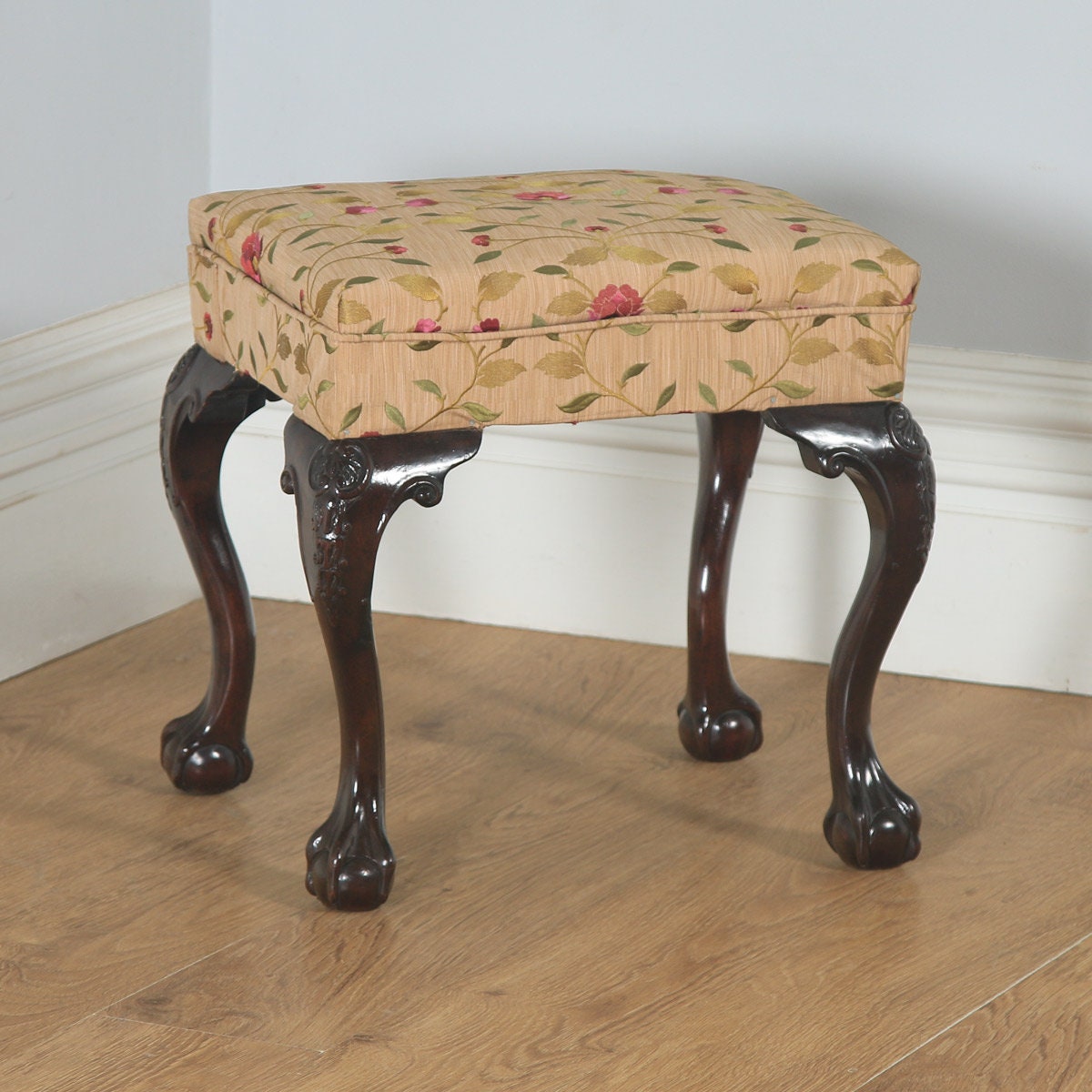 Antique English Georgian Chippendale Style Mahogany Upholstered Stool (Circa 1880)