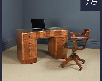 Antique English Art Deco 4ft Burr Walnut Cloud Shaped Pedestal Office Writing Desk (Circa 1930)