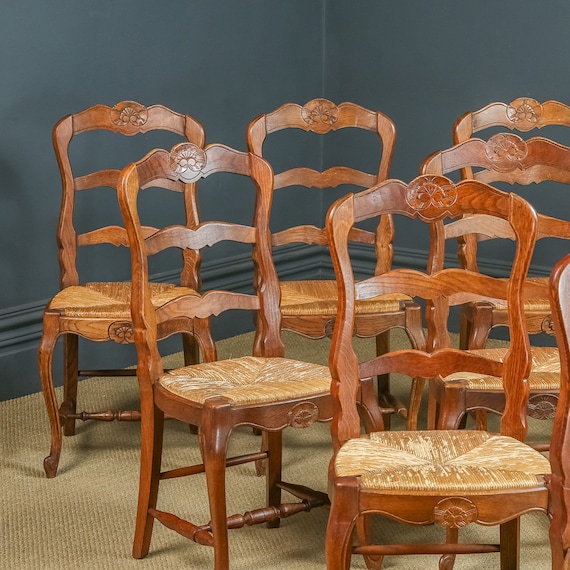 Antique French Set of 12 Twelve Louis XV Style Oak Ladder Back