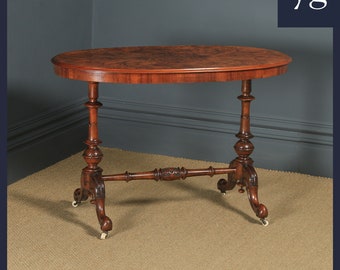 Antique English Victorian Burr Walnut Inlaid Oval Occasional Silver Side Table (Circa 1870)