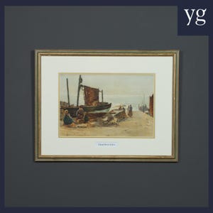 Antique English Victorian Seascape Fishing Harbour Watercolour Painting Picture by Edward Brown (Circa 1900)