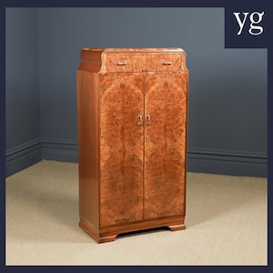 Antique English Art Deco Walnut Two Door Wardrobe Armoire Closet Tallboy & Single Drawer (Circa 1930)