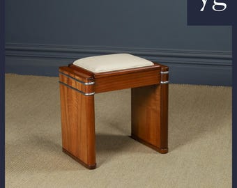 Antique English Art Deco Rectangular Walnut & Leather Cream Dresing Table Stool / Piano Stool (Circa 1930)