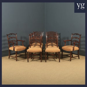 Antique Set of Eight 8 English Georgian Chippendale Style Ribbon Back Mahogany Dining Chairs (Circa 1880)