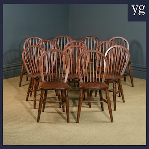 Antique Set of 12 Twelve Victorian Ash & Elm Windsor Stick and Hoop Back Kitchen Dining Chairs (Circa 1890 - 1930)