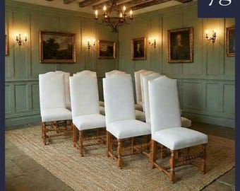 English 17th Century Style Set of Ten 10 Oak Upholstered High Back Kitchen Dining Chairs (Circa 1980)