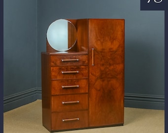 Antique English Art Deco Burr Walnut Skyscraper Compactum Wardrobe Armoire with Mirror & Drawers (Circa 1930)