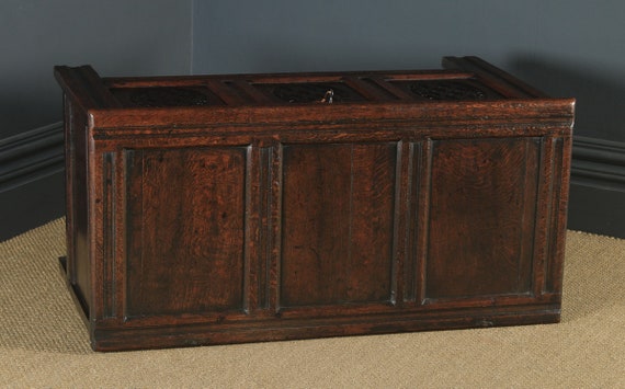 Antique English 17th Century Oak Carved Triple Panel Coffer Chest