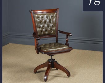 Antique American Edwardian Walnut & Green Leather Upholstered Revolving Office Desk Arm Chair by Johnson Chair Co. (Circa 1910)