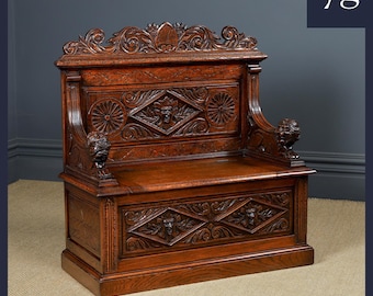 Small Antique English Victorian Carved Oak Bench Box Monks Kitchen Hall Settle (Circa 1880)