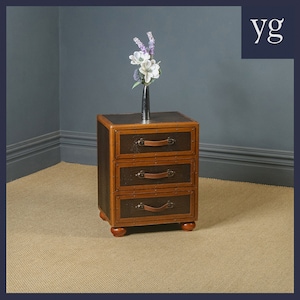 Vintage English Brown Leather Suitcase Shaped Bedside Chest / Side Table Three Drawers (Circa 1980)