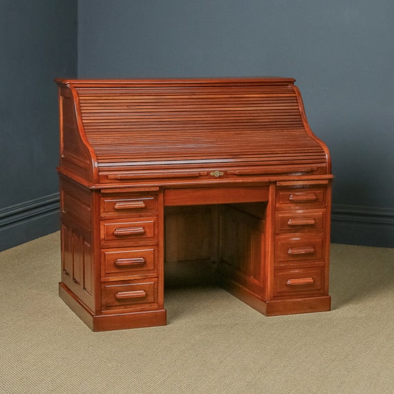Antique English Edwardian 4.5ft Red Walnut Roll Top Pedestal