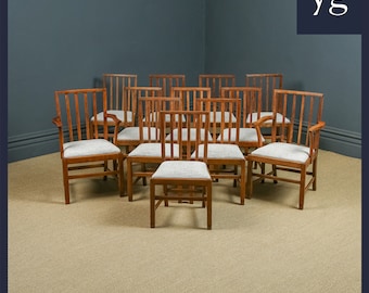 Antique English Arts & Crafts Set of 12 Twelve Oak Edward Barnsley Cotswold Kitchen Dining Chairs (Circa 1935)