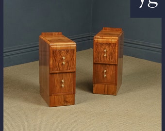 Antique English Pair of Art Deco Walnut Bedsides Chests Tables Nightstands with Two Drawers (Circa 1930)