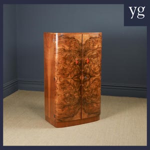 Small Antique English Art Deco Walnut Two Door Bow Front Fitted Wardrobe Armoire Closet (Circa 1930)