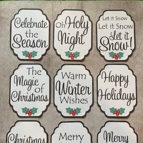 9 Christmas sentiment greetings toppers, card making embellishments, card making, scrapbooking supplies, crafting supplies, card toppers