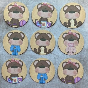 9 toppers redondos para ursinhos de pelúcia, novo bebê, chá de bebê, confecção de cartões, faça seus próprios cartões de bebê, scrapbooking, enfeites de cartão, feito à mão, artesanato