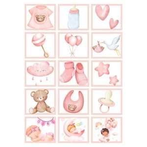15 adornos variados para tarjetas de bebé en color rosa, fabricación de tarjetas para recién nacidos, materiales para hacer tarjetas, crea tus propias tarjetas para recién nacidos, materiales para manualidades, scrapbooking