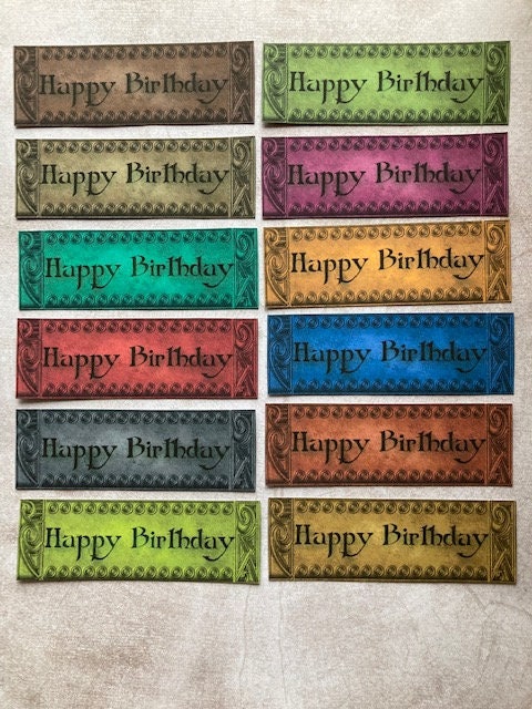 Pack of 12 Happy Birthday sentiment greeting banners ~ card making supplies ~ scrapbook decorating ~ craft embellishments toppers