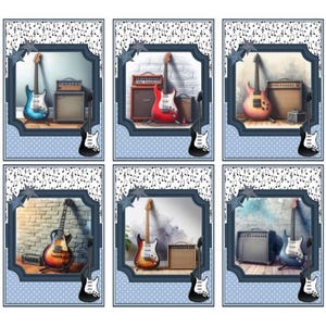 6 décorations de cartes pour guitare électrique, fabrication de cartes, fabrication de cartes pour lui, faites vos propres cartes faites main pour les mélomanes, travaux manuels, scrapbooking